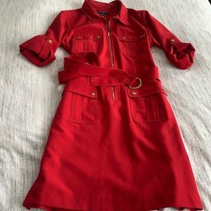 Sharagano red dress with gold buttons and belt